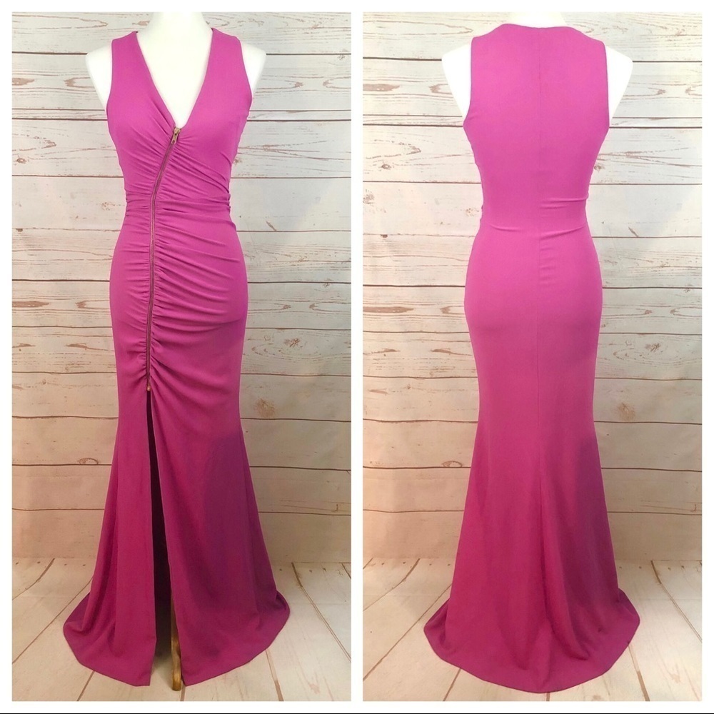 Dress The Population Fuchsia Asymmetrical Zip Maxi Formal Prom Cocktail Dress